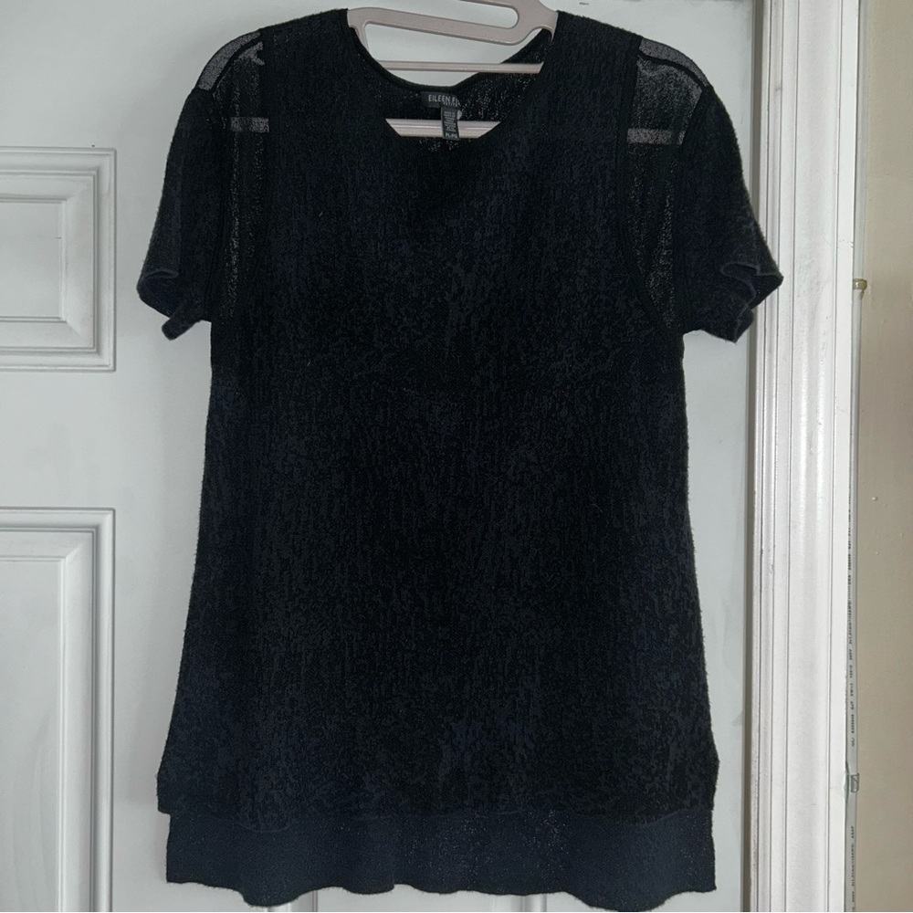 Eileen Fisher Black Textured Short Sleeve Top - Picture 2 of 5
